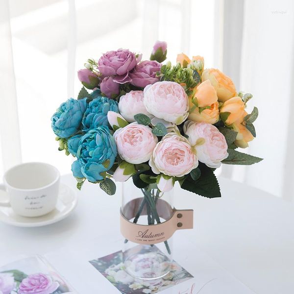 Fleurs décoratives 30 cm Bouquet Artificiel 5 Grosse Tête Et 4 Bourgeon Rose Rose Soie Pivoine Faux Pour La Maison De Mariage Fournitures Intérieur
