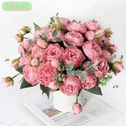 Fleurs décoratives 30 cm de haute qualité Rose Bouquet de soie pivoines 5 grosses têtes 4 petits bourgeons mariée mariage décor à la maison faux artificiel