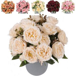 Flores decorativas 30cm Ramo artificial de peonía 5 Cabeza grande y 4 Brotes Té Rosa Camelia Flores falsas para el hogar Decoración de la boda Interior