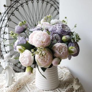 Decoratieve bloemen 30 cm roos roze zijden boeket 5 grote hoofden 4 pioen kunstmatige kleine knop bruid partij nep voor thuis bruiloft decoratie