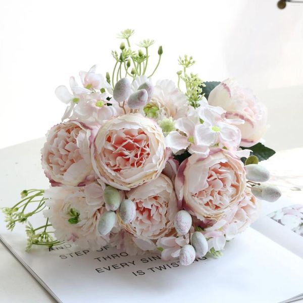 Flores decorativas 30 cm rosa rosa ramo de seda peonía artificial 5 cabezas grandes 4 pequeños brotes novia boda decoración del hogar flor falsa al por mayor