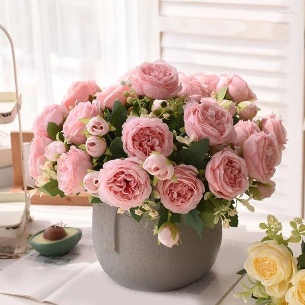 Flores decorativas 30 cm rosa ramo de seda peonía flor artificial 5 cabeza grande 4 pequeño brote novia boda decoración del hogar