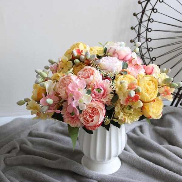 Fleurs décoratives 30 cm Rose Rose Soie Pivoine Bouquet Artificiel 5 Grosse Tête Bourgeon Faux Pour La Décoration De Mariage À La Maison Décor De Fête Intérieure