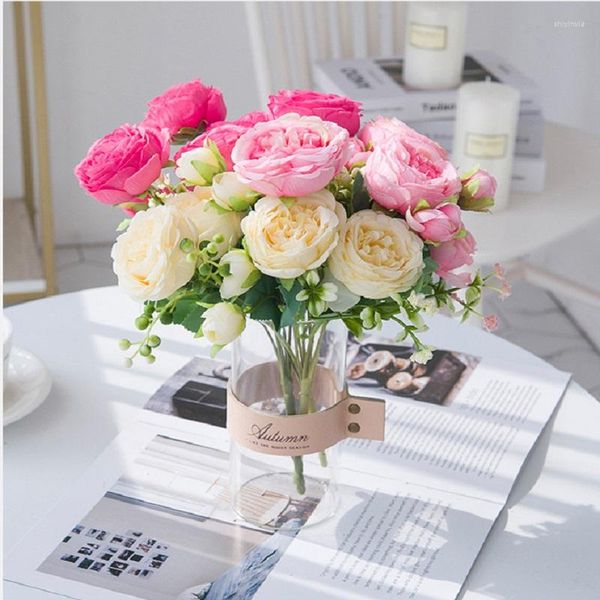 Fleurs décoratives 30 cm Rose Rose Soie Pivoine Bouquet Artificielle 5 Grosse Tête 4 Petit Bourgeon Faux Fleur Pour La Maison De Mariage Décoration Intérieur