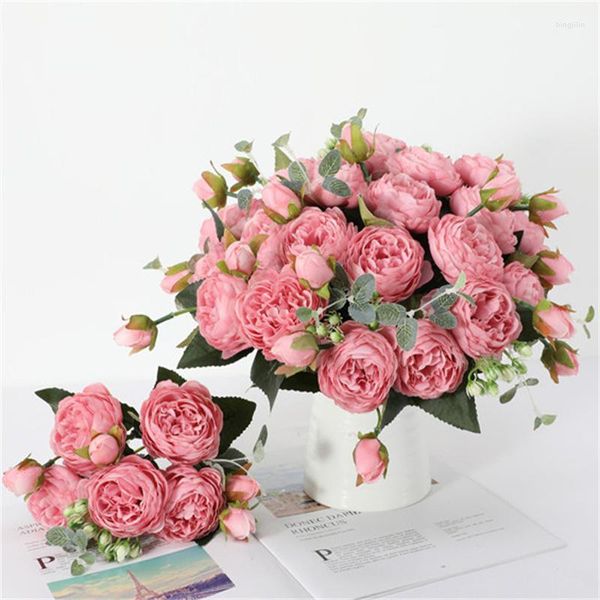 Flores decorativas 30cm rosa peonía de seda ramo Artificial 5 cabeza grande 4 brotes falsos para el hogar boda decoración nupcial