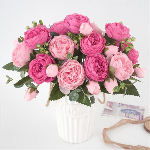 Fleurs décoratives 30 cm Rose soie Bouquet 5 têtes Style coréen pivoine mariage artificiel faux pour la maison fête décoration intérieure