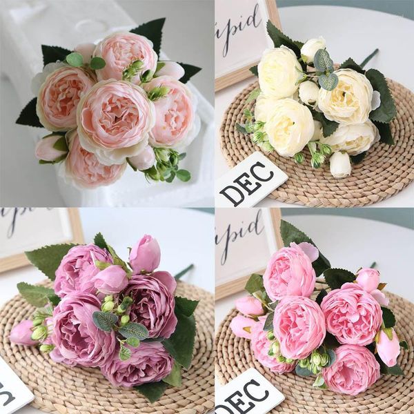 Fleurs décoratives 30cm Rose Soie Pivoine Bouquet De Fleurs Artificielles 5 Grosses Têtes Et 4 Bourgeons Faux Pour Noël Maison De Mariage Intérieur Dec