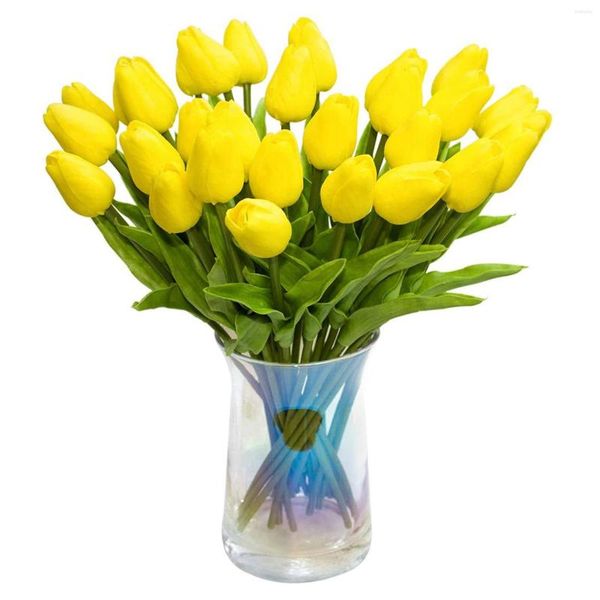 Fleurs décoratives 30 Pcs Tulipes Artificielles Real Touch Faux Hollande PU Bouquet De Tulipes Fleur De Latex Tulipe Blanche (Jaune)