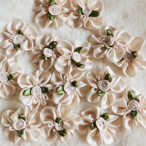 Fleurs décoratives 30 pièces ruban de satin Beige nœuds de fleurs perle Rose appliques artificielles tissu mariage couture artisanat fait à la main bricolage cadeau