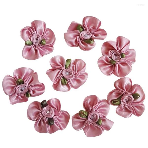 Fleurs décoratives 30 pièces ruban de satin rose poussiéreux nœuds de fleurs perle rose appliques artificielles tissu mariage couture artisanat cadeau fait à la main