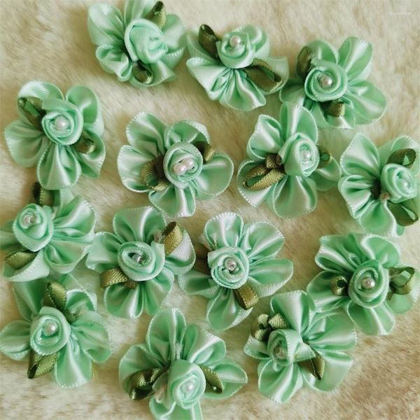 Fleurs décoratives 30 pièces ruban de satin vert menthe nœuds de fleurs perle rose appliques artificielles tissu mariage couture artisanat cadeau fait à la main