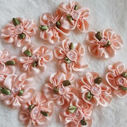 Fleurs décoratives 30pcs Orange Pink Satin Flower Bows Perle Ribbon Artificial Appliques Tissu Tissu Coussine