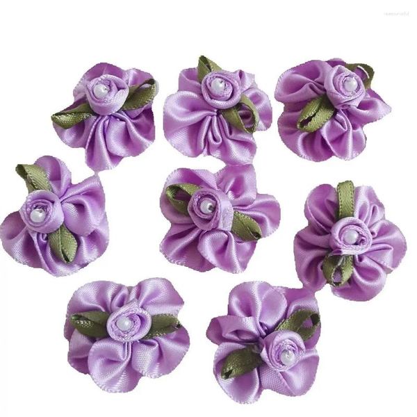 Flores decorativas 30 piezas de cinta de raso púrpura lazos de flores perla rosa apliques artificiales tela boda costura artesanía caja de regalo hecha a mano