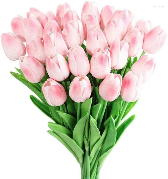 Flores decorativas, 30 Uds., tulipanes de tacto Real rosa, arreglo artificial falso, ramo para el hogar, oficina, boda, decoración (rosa)