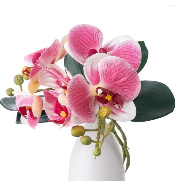 Fleurs décoratives 32 cm petite fausse orchidée rose Phalaenopsis fleur avec feuilles fausses pour la maison salle de bain Table pièce maîtresse décor sans Vase