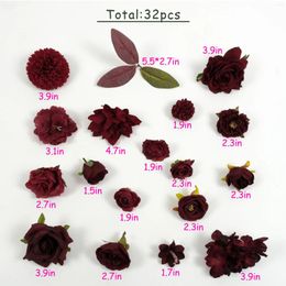 Fleurs décoratives 32pcs Bourgogne artificielle Fleur de fleur de fleur mélange combo pour bricolage d'artisanat de bouquet de bouquet décor mural faux