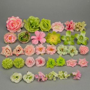 Fleurs décoratives 34 pièces vert soie artificielle bricolage artisanat faisant Combo ensemble en vrac rose têtes de fleurs Floral mur numéro décor accessoires