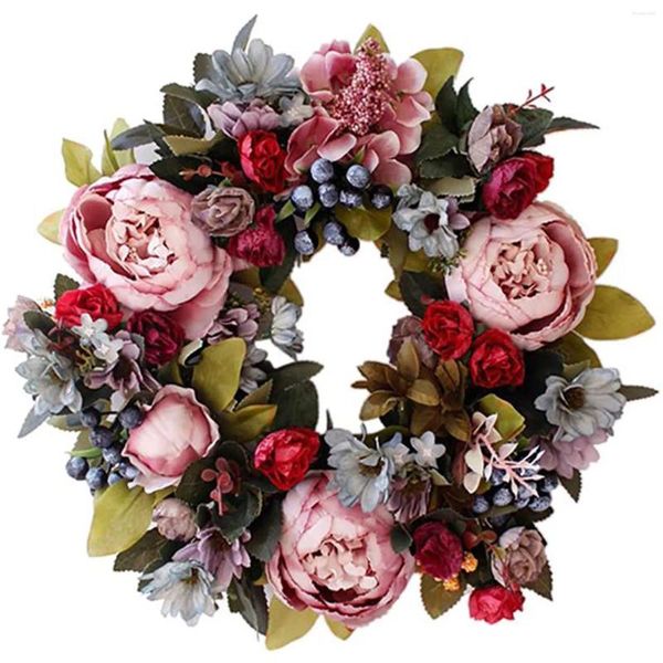 Fleurs décoratives 35 cm fête pour porte d'entrée tissu de soie mariage intérieur extérieur toutes saisons couronne artificielle Festival ferme fausse pivoine