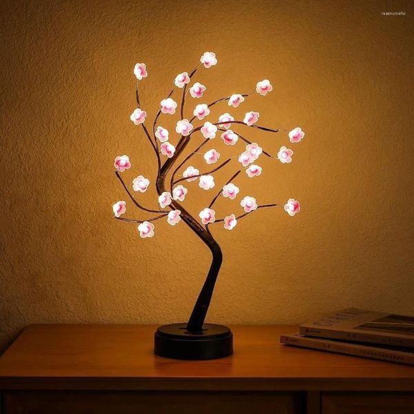 Flores decorativas 36 LED Flor de cerezo Luz nocturna Mesa Bonsai Lámpara de mesa USB o con pilas Luces de hadas navideñas Fiesta interior