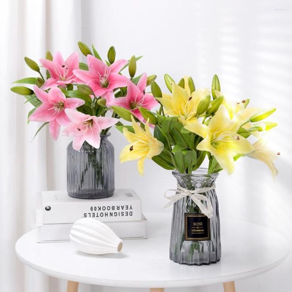 Fleurs décoratives 36cm 3 têtes de lys artificiel mariage mariée faux bouquet de fleurs plantes blanches pour noël maison fête jardin décor