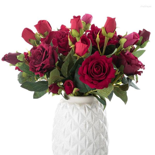 Flores decorativas de 36CM de largo, ramo de rosas Retro clásico europeo de una sola cabeza, decoración de boda Artificial, decoración del hogar
