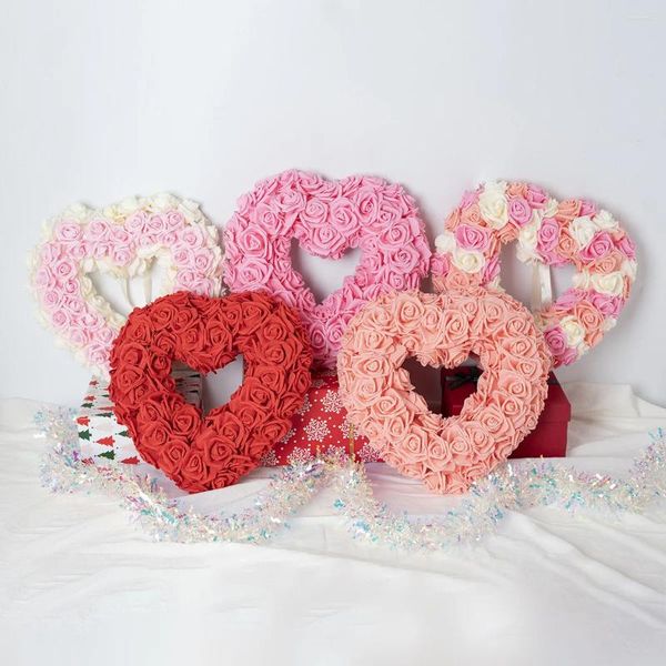 Flores decorativas Simulación de 36 cm Love Heart Wreath Valentine Day Decor Favors Rose Romantic Wedding Wall Colgante feliz San Valentín