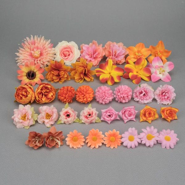 Flores decorativas 36pcs Faux Silk Flower Head Combo Combo Bulk Orange Pink Rose para artesanías de bricolaje Corona de horquilla haciendo accesorios falsos