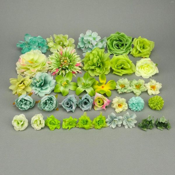Fleurs décoratives 36 pièces vert fausses têtes de fleurs Combo ensemble bricolage printemps décor matériel Pack taille mixte pour artisanat couronne guirlande couronne
