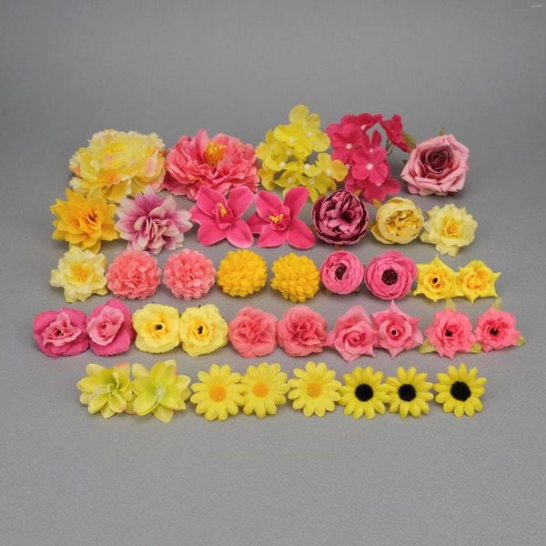 Fleurs décoratives 39 pièces jaune têtes de fleurs en soie artificielle bricolage maison Table Bouquet décor Combo ensemble Simulation Rose pivoine accessoires