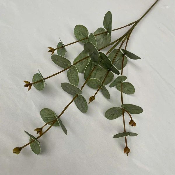 Fleurs décoratives Bouquet d'eucalyptus imprimé en 3D fausses plantes feuille d'argent décoration de la maison arrangement de fête de mariage artificiel feuilles vertes 5 pièces