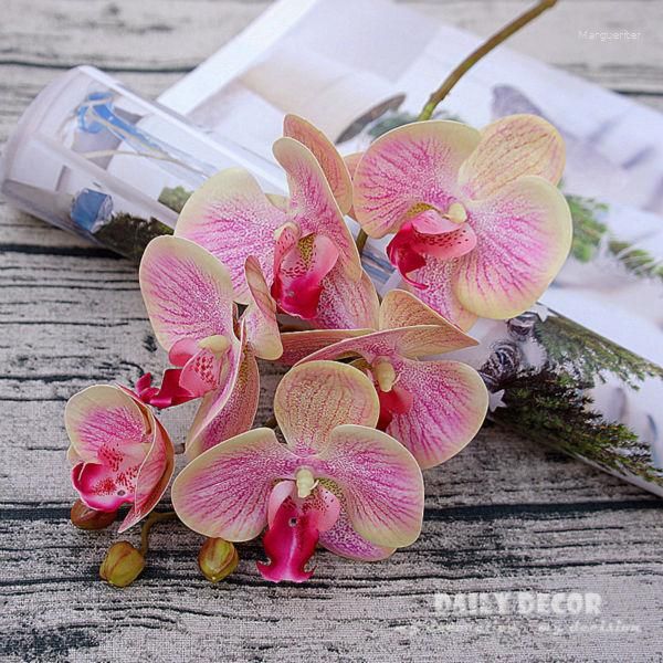 Flores decorativas 3D Real Touch 6 cabezas orquídeas mariposa artificiales de silicona venta al por mayor pequeño fieltro látex boda Phalaenopsis