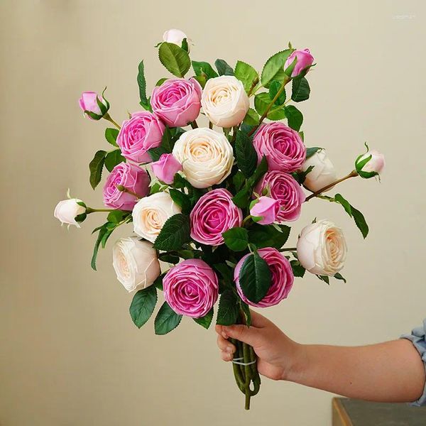 Fleurs décoratives 3heads se sentir hydratante Rose Flower Branch Real Touch Artificial Home Decor Realist Bouquet Wedding Party