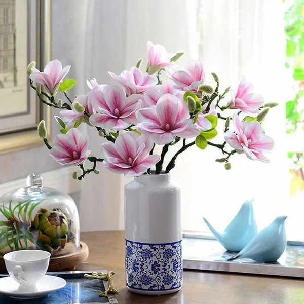 Flores decorativas 3 cabezas abiertas rama de flor de magnolia artificial para decoración de boda blanca decoración de mesa de habitación Flores artificiales al por mayor