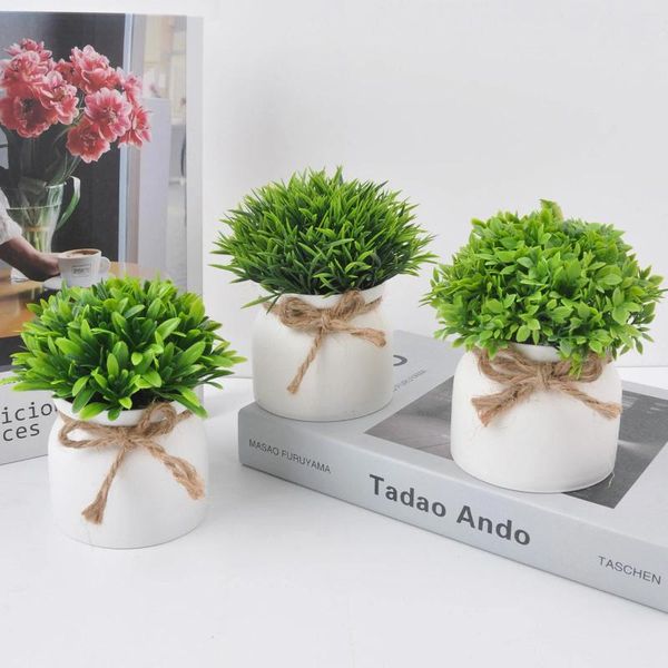 Fleurs décoratives 3pc 4,72 pouces combinaison de simulation mini plante verte en pot avec pot blanc