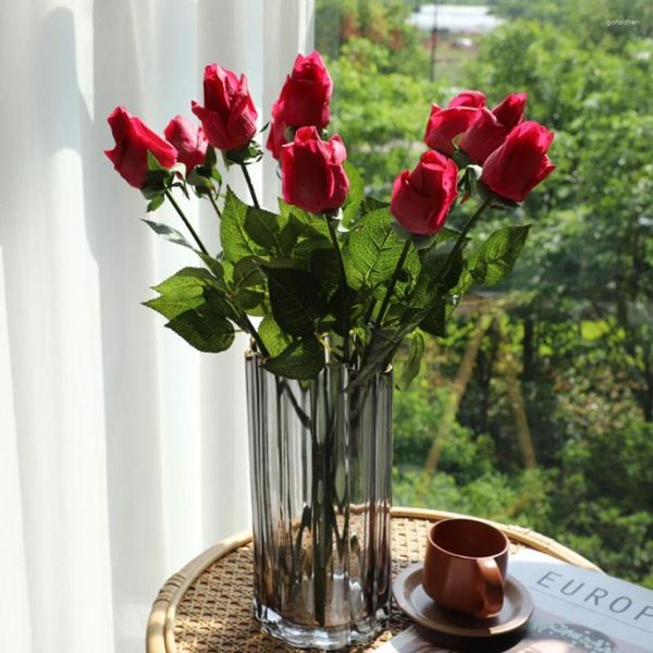 Flores decorativas, 3 piezas, flor roja de seda rosa artificial para decoración de boda, fiesta en casa, arreglo de jarrón para fiestas de cumpleaños