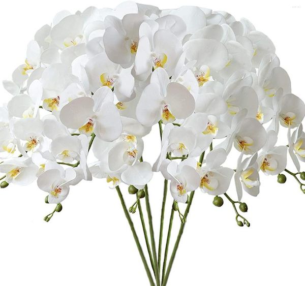 Flores Decorativas 3 UNIDS 9 Cabezas Orquídeas Blancas Artificiales Tacto Real Phalaenopsis Flor De Imitación Alta para La Fiesta En Casa Decoración De Jardín De Boda