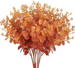 Fleurs décoratives 3 pièces fleur artificielle fausses feuilles d'eucalyptus Branches en vrac automne Orange fausses tiges de verdure