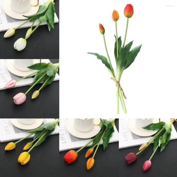 Fleurs décoratives 3pcs artificiels liés à la sensation de caoutchouc souple tulipes décoration de maison fausse bouquet tulipe cadeau de la fête des mères