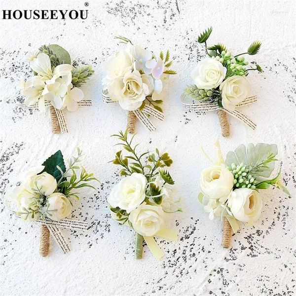 Flores decorativas 3pcs/lote boda artificial blanca rosa flor novio boutonniere hombres accesorios para eventos de ramas