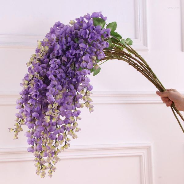 Flores decorativas 3 uds Wisteria Flor Artificial ratán boda techo madera El vestíbulo pared colgante decoración simulación Flores vid