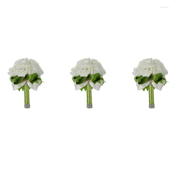 Flores Decorativas 3X Ramo De Boda Flor De Dama De Honor Nupcial Rosa Artificial Ramos Blancos-Cinta Verde