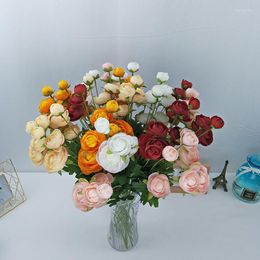 Decoratieve bloemen 4 hoofden Dew Lotus Tea Rose Simulation Bouquet Artificial Silk Flower voor trouwhuisdecoratie