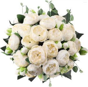 Flores decorativas 4 paquete pequeño marfil blanco peony artificial (20 cabezas) ramo de boda falso de seda con tallos