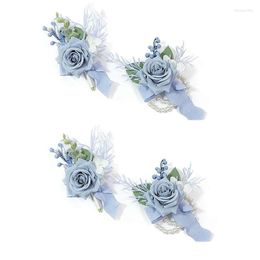 Decoratieve bloemen 4 pc's stoffige blauwe corsage en boutonniere set accessoires prom kunstmatige bloempolsen armbanden