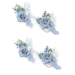 Fleurs décoratives 4 PCS Dusty Blue Corsage Et Boutonnière Set Prom Fleur Artificielle Poignet Bracelets