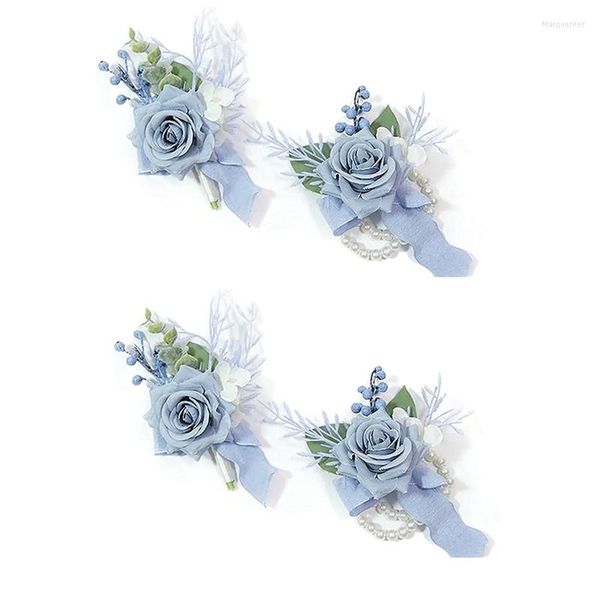 Fleurs décoratives 4 pièces bleu poussiéreux Corsage et boutonnière ensemble accessoires bal fleur artificielle bracelets de poignet