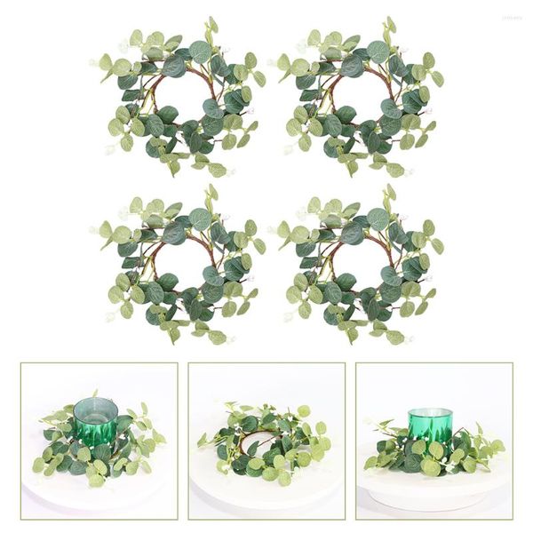 Couronne de fleurs décoratives, 4 pièces, anneau d'eucalyptus, décor rustique extérieur, poteau en plastique pour thé, été