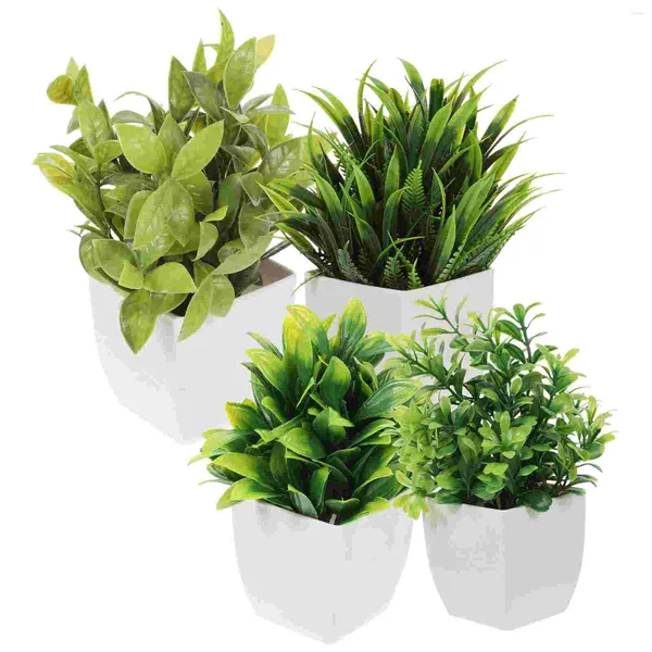 Fiori decorativi 4 pezzi Foglie verdi finte Vasi di plastica Piante finte Decor Ornamenti artificiali Bonsai Finto vaso Decori per interni Ufficio