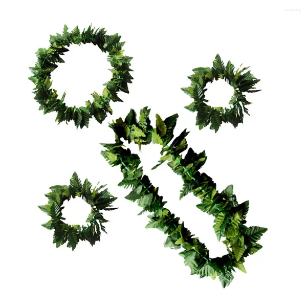 Flores decorativas 4 piezas Hawaii Dance Garland Beach Hula Costume Hair Tie Set Maquillaje Guirnalda verde Collar de flores hawaianas