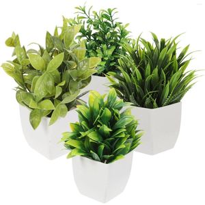 Fleurs décoratives 4 pièces imitation de feuilles bonsaï, ornements de table à manger, mini plantes en pot, faux décors artificiels en plastique vert pour bureau